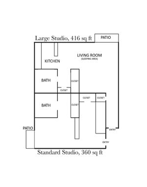 Versatile floor plan showcasing both large and standard studio layouts, featuring open living areas, kitchens, baths, and cozy patios.