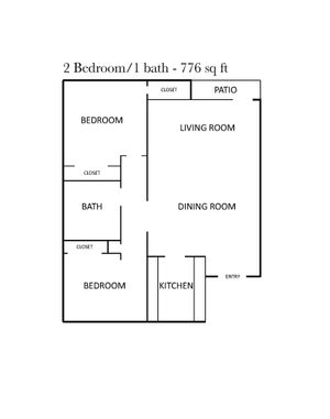 Modern floor plan showcasing 2 bedrooms, 1 bath, and spacious living and dining areas with patio access, 776 sq ft.