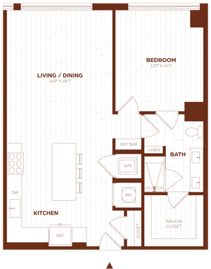 Elegant floor plan featuring a spacious living and dining area, modern kitchen with dry bar, and a cozy bedroom with walk-in closet and bath.
