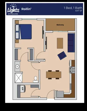 Modern 1 bed, 1 bath floor plan with open living area, balcony access, and efficient kitchen, totaling 647 sq ft.