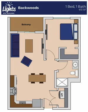 Backwoods floor plan featuring 1 bedroom, 1 bath, and a cozy living area with balcony, part of The Lights epic building, 613 sq ft.