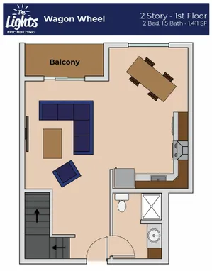 Charming Wagon Wheel 2-story floor plan with an open-concept living area, dining room, and balcony. Includes 2 bedrooms, 1.5 baths, and spans 1,411 square feet.