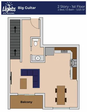 Bright 2-story floor plan of \'Big Guitar\' at The Lights, featuring 2 bedrooms, 1.5 baths, spacious living area with balcony, and modern kitchen in a 1,025 SF layout.