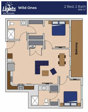 Bright and modern open-concept floor plan at The Lights, featuring 2 bedrooms, 2 bathrooms, a spacious living area, and a cozy balcony in 888 SF.