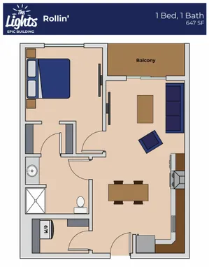 The Lights Epic Building Rollin\' floor plan featuring 1 bedroom, 1 bathroom, open living area with kitchen, dining space, and a balcony, 647 sq ft of modern design.