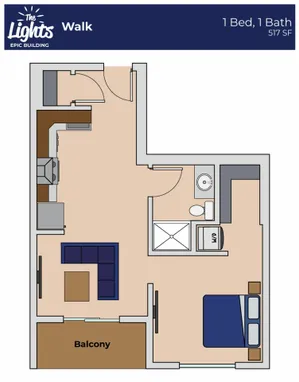 Modern floor plan of The Lights Epic Building featuring 1 bedroom, 1 bathroom, a spacious living area, and a cozy balcony, totaling 517 sq ft.