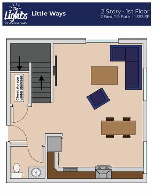 The Lights Echo Building \'Little Ways\' floor plan showcasing a spacious 1st-floor layout with a cozy living area, modern kitchen, dining space, and convenient closet storage under the staircase. 2 bedrooms, 2.5 baths, 1,363 sq ft.