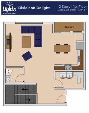 Dixieland Delight first floor plan showcasing a spacious 2-story layout with 3 bedrooms, 2.5 baths, an open living area, and a balcony, totaling 1,794 square feet in The Lights Echo Building.