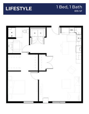 Lifestyle floor plan featuring 1 bedroom and 1 bathroom, spacious open-concept living area, and modern kitchen in 835 sq ft.