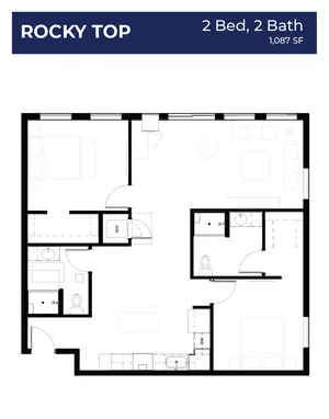 Rocky Top floor plan showcasing 2 bedrooms, 2 bathrooms, and an inviting open-concept living area with modern kitchen, 1,087 sq ft.