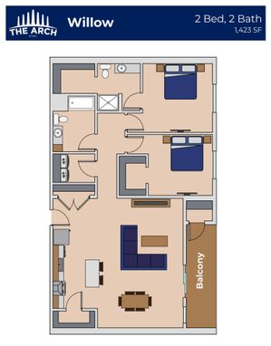 The Arch Willow floor plan featuring 2 bedrooms, 2 bathrooms, modern kitchen, spacious living area, and a balcony, totaling 1,423 sq ft.