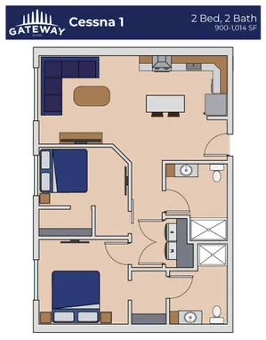 Gateway\'s Cessna 1 floor plan featuring a modern 2 bed, 2 bath layout with open kitchen and cozy living area, ranging from 900 to 1,014 sq ft.