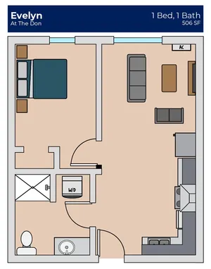 Evelyn At The Don floor plan showcasing a cozy 1 bedroom, 1 bath layout with modern kitchen, inviting living space, and convenient in-unit laundry, spanning 506 sq ft.