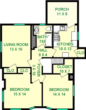 Agapanthus two bedroom floorplan shows a living room, two bedrooms, kitchen, porch, bathroom and foyer. There are also four closets shown.