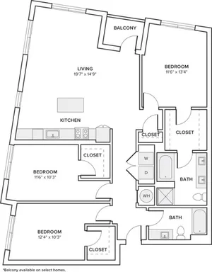 1335 square foot three bedroom two bath apartment floorplan image