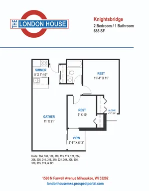 Knightsbridge - 2 Bed / 1 Bath - 685 SF