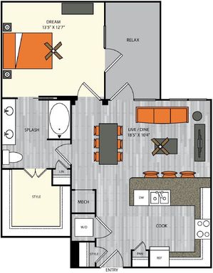 1 bedroom 1 bath apartment with dining area, walk in closet and 807 sq ft
