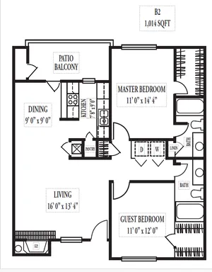 Modern floor plan with 2 bedrooms, master suite, open living and dining area, and private patio balcony, 1,014 sq ft.