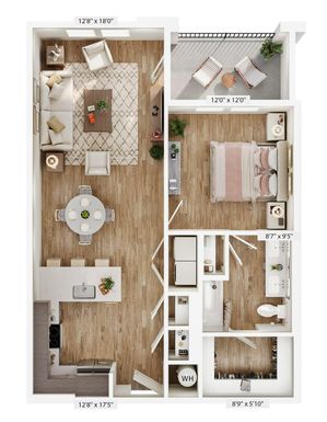 Chic 3D floor plan showcasing a one-bedroom apartment with an open living area, modern kitchen, and private balcony.
