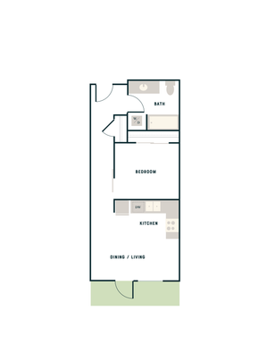 Modern floor plan featuring a cozy bedroom, sleek kitchen with dishwasher, and open dining/living area, ideal for stylish living.
