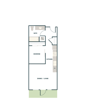 Chic floor plan showcasing 1-bedroom apartment with an open dining/living area, modern kitchen, and convenient bathroom layout.