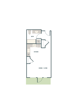 Contemporary 1-bedroom apartment floor plan featuring an open dining and living area, efficient kitchen layout, and a modern bathroom.