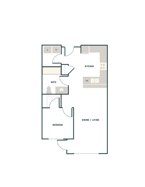 Modern floor plan featuring 1 bedroom, a versatile dining/living area, and a sleek kitchen layout.