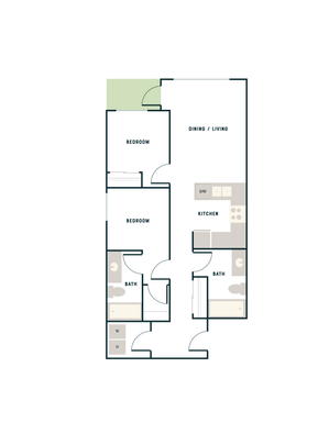 Modern 2D floor plan showcasing 2 spacious bedrooms, dual bathrooms, open dining/living area, and a functional kitchen with adjoining utility space.