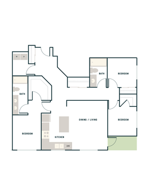 Modern floor plan featuring 3 bedrooms, 2 bathrooms, and a spacious open-plan kitchen and living area with in-unit laundry.