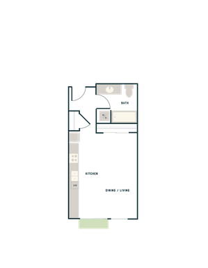 Modern studio floor plan showcasing an open-concept dining and living area, efficient kitchen, and conveniently located bathroom.