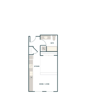 Modern studio apartment floor plan with open kitchen, spacious dining and living area, and convenient bathroom layout.