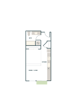 Sleek 2D floor plan showcasing open-concept dining and living area, modern kitchen, and stylish bathroom.