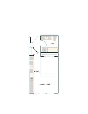 Modern studio floor plan featuring an open kitchen, dining and living area, spacious bath, and convenient laundry zone.