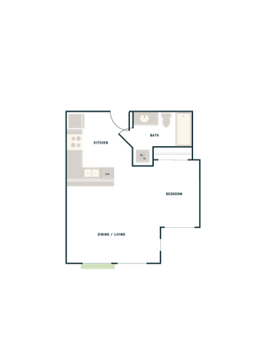 Sleek 1-bedroom apartment floor plan with modern kitchen, stylish dining and living area, and elegant bath.
