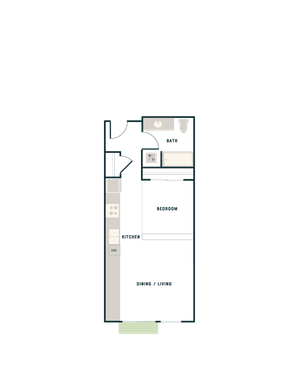 Modern floor plan showcasing a stylish studio layout with open dining and living area, compact kitchen, and sleek bathroom.