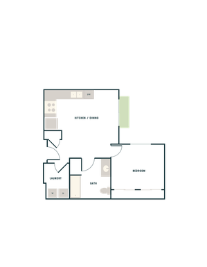 Modern floor plan featuring a cozy one-bedroom layout with an efficient kitchen/dining area, stylish bathroom, and convenient laundry space.