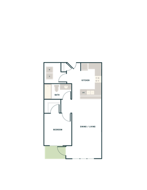 Modern 1-bedroom apartment floor plan featuring an open-plan kitchen and living area, with convenient walk-in closet and spacious bathroom.