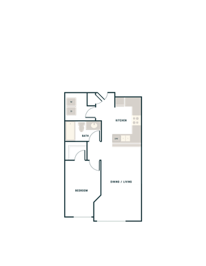 Modern floor plan featuring a spacious bedroom, open kitchen with dining area, and convenient bathroom layout.
