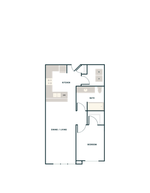 Modern 2D floor plan with a cozy bedroom, stylish kitchen, and integrated dining and living area.