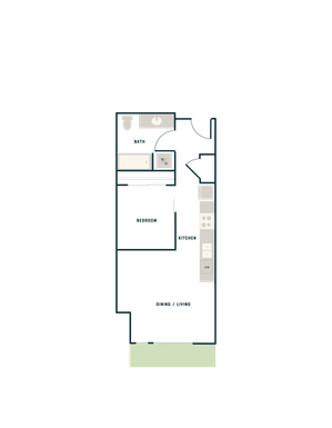 Inviting 1-bedroom apartment floor plan with modern kitchen, spacious living/dining area, and well-appointed bath.