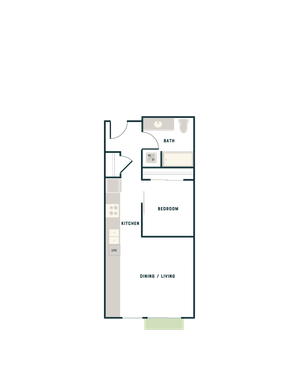 Modern floor plan featuring 1 bedroom, sleek kitchen, and open dining/living area.