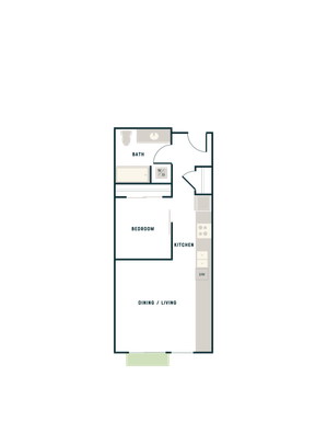 Chic floor plan showcasing a cozy 1-bedroom, functional kitchen, and combined dining/living area, ideal for modern living.