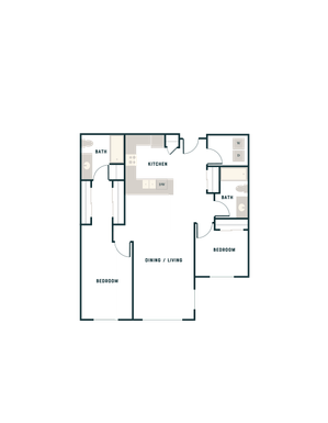 Modern apartment floor plan with 2 bedrooms, cozy kitchen, open dining and living area, and 2 bathrooms.