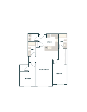 Modern 2D floor plan showcasing 2 bedrooms, a functional kitchen, and an open dining/living area, ideal for cozy living.