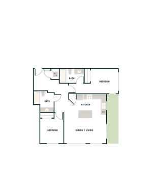 Modern 2D floor plan featuring 2 bedrooms, 2 baths, a sleek kitchen, and an open dining and living area.
