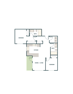 Contemporary 2D floor plan with 2 bedrooms, a modern kitchen, and open dining/living area.