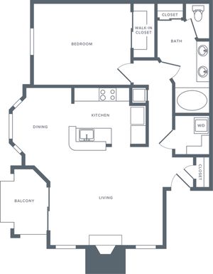 857 square foot one bedroom one bath apartment floorplan image