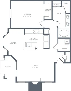 857 square foot one bedroom one bath apartment floorplan image