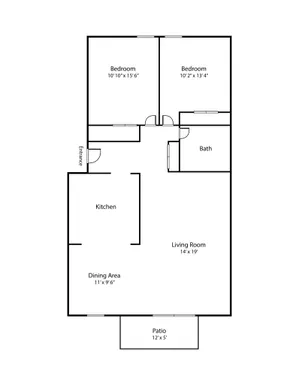 2 bed 1 bath floor plan at Woodcrest Village
