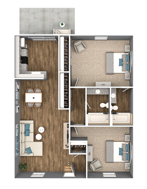 Modern 2D floor plan showcasing 2 spacious bedrooms, an open living room, stylish kitchen, and a cozy balcony.